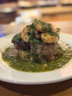 Saturday night special Brazilian surf and turf Beef Tenderloin with shrimp and topped with a Chimichurri sauce