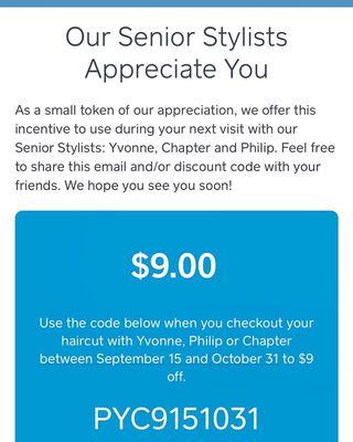 coupon good till the end of October. just show this images when checking out with stylist chapter, philip and yvette