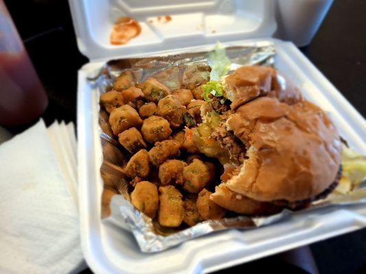 Vegan burger with fried okra very flavorful tasted just like a real burger