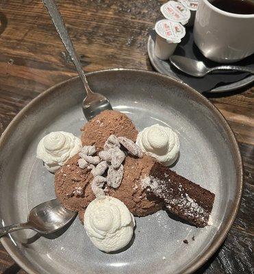 Chocolate mousse, brownie, pecans and whipped cream!