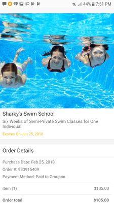 Watch out for this Groupon Sharky Swim School does not honor this. Horrible customer service