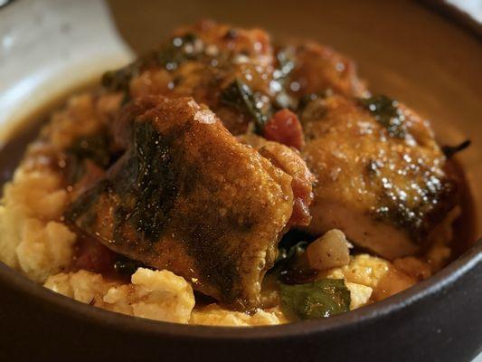 Chicken Thigh - yellow grits collard greens and cured pork