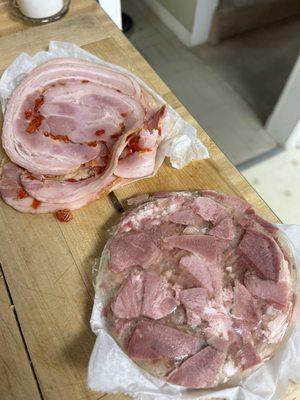 Head cheese and pork with sweet peppers. These are so different than American deli meats. Very low salt and no fillers, 'cept meat jello.