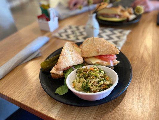 Chicken sandwich and quinoa salad
