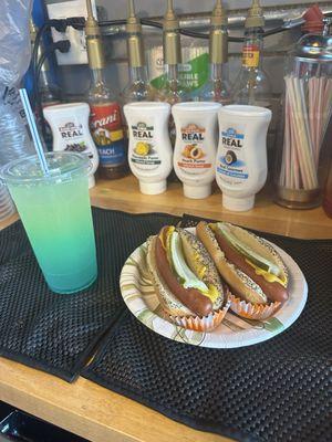 Vienna beef hotdogs on steamed poppy seed buns. Blended soda