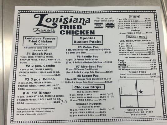 Louisiana fried chicken menu (call ahead)
