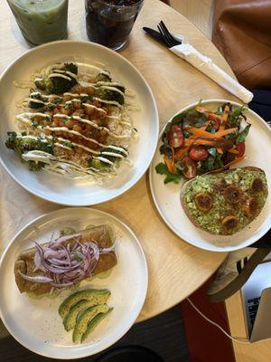 chickpea and broccoli bowl, chicken tamale, and avocado toast