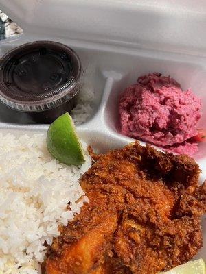 Fried fish with potato salad and beans