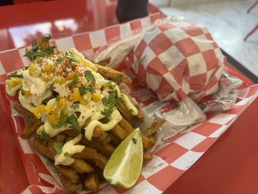 Elote Fries and Eggcellent burger