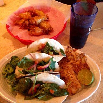 CARRIBBEAN FISH TACOS Tilapia filet, Cajun spices, lime,spinach,tomatoes, red onion ,balsamic vinegar and oil, Sweet Heat Wings