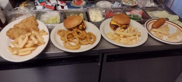 Western burgers chicken strips and kids corn dog... Hot fries and onion rings. Fresh off the grill. Hot affordable fresh food.