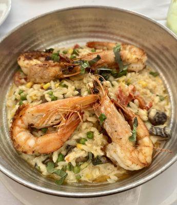 Prawns with corn risotto