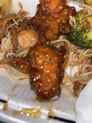 Some sort of plastic or something in the sesame chicken