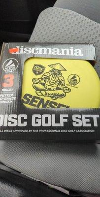 Entry level disc golf set with a distance driver, midrange, and a putter. As recommended by staff.