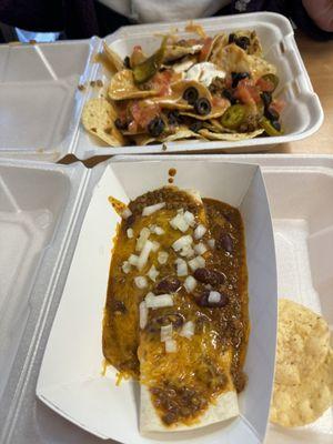 Nacho platter and chili burrito