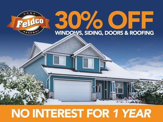 30% Off Windows, Siding, Doors, and Roofing with No Interest for 1 year