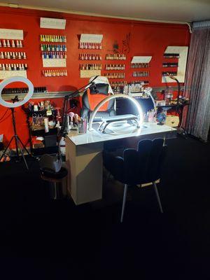 Welcome to my clean, cozy, and fully equipped nail station with pro tools, great lighting, and a chill vibe for flawless sets every time.