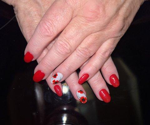 Memorial Day themed nails. Poppies for remembrance. I always bring tutorial pics to help. Jay never disappoints.
