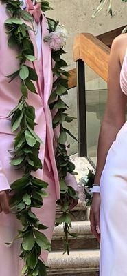 Maile lei, boutonniere and corsage