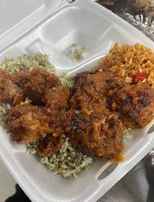 Check Rice - Liberia
A mixture of cooked rice and jute leaves, topped with stew or gravy and your choice proteins