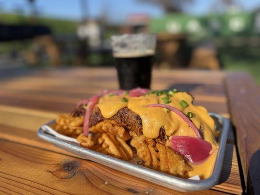 BBQ Pulled Pork Loaded Waffle Fries and a Brown Ale.