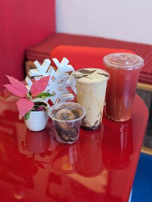 Cake batter donuts, Christmas crack shake, and Christmas carol tea