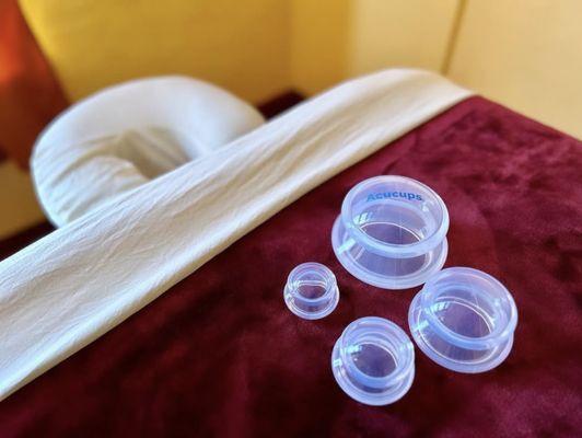 Seen here are silicone cups for optional cupping treatments during massage therapy appointments