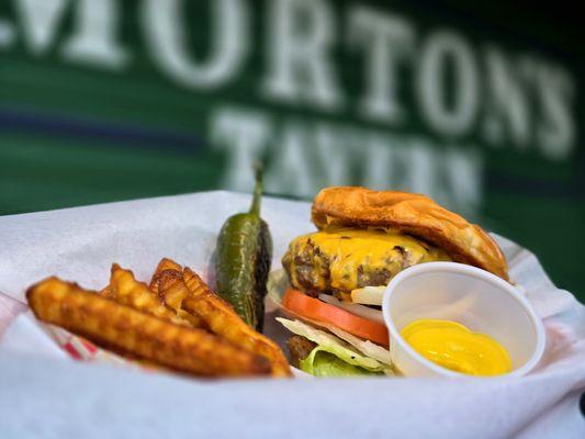 Mortons Burger all the way with fries and a grilled jalapeno on the side.