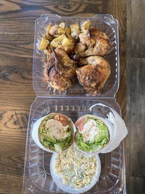 Roasted chicken thighs, roasted potatoes, broccoli salad and Caesar wrap