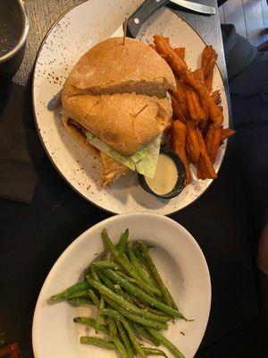 Salmon blt with sweet potato fries & green beans. The sandwich & fries were just $15!
