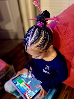 Stitched bun/ponytail with bangs