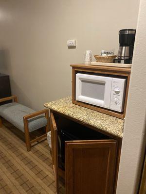 Mini fridge, microwave and coffee maker