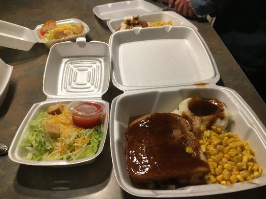 Friday night special of Beef Manhattan, mashed with gravy, corn and side salad. Something different every Friday night.