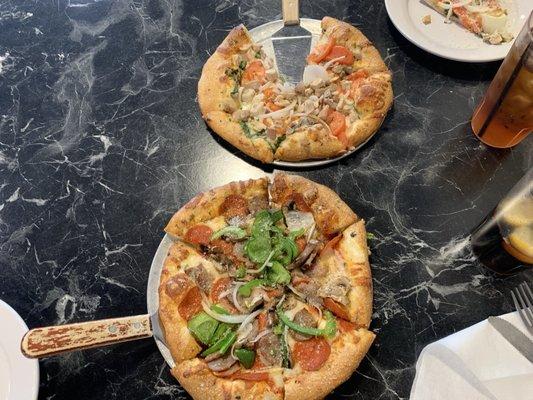 "The Works" and "Florentine" pizzas