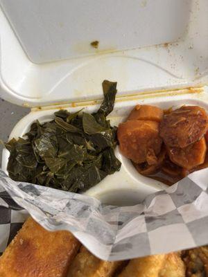 Good Thangz Whiting Fish & Fries without the fries with Collard Greens and Candied Yams