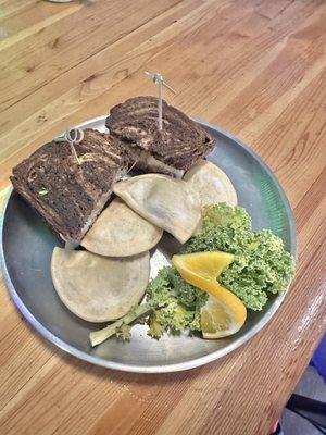 Patty melt with perogies.