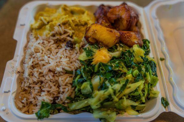 Curry Chicken, Coconut Rice, Platano and Greens; to die for!