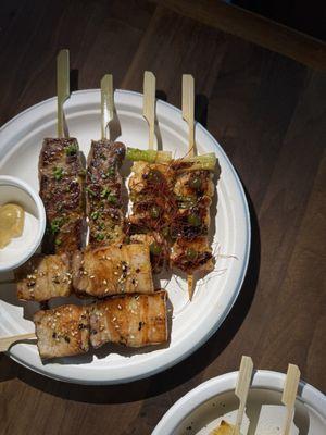 Gyuniku (Beef) Skewers, Negima (Chicken) Skewers, and Kakuni Kushiyaki (Pork Belly) Skewers