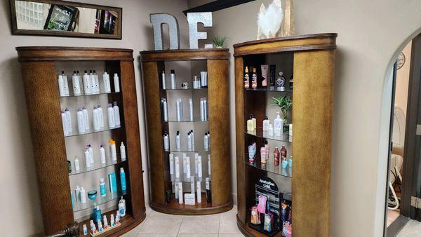 Three of our five product shelves