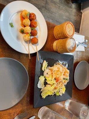 Papaya Salad, sticky rice, Fish and Shrimp Balls