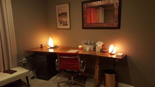 This is the other side of the studio featuring a beautiful sycamore slab desk made by my husband!