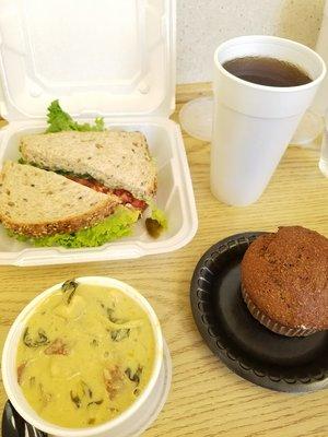 Veggie BYO sandie, Iced tea, potato curry soup and bran muffin. YUM