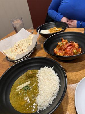 Garlic Naan, chicken Tikka Saag, Korma Curry, Chili chilli momo