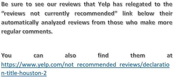 Be sure to see our reviews that Yelp has relegated to the "reviews not currently recommended" link below the automatically analyzed reviews