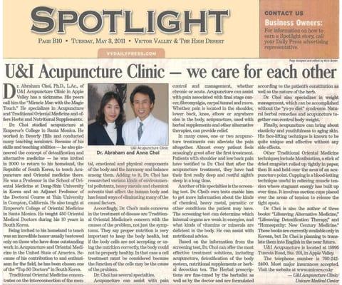 DAILY PRESS May 3, 2011
U&I Acupuncture Clinic was introduced to the DAILY PRESS SPOTLIGHT.