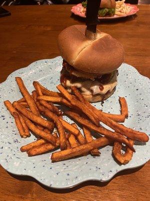 western bbq burger with sweet potato fries