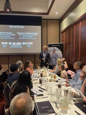 Roy's Education Dinner Event, Taxes, Inflation, Retirement Planning with Joshua J. Crowe and Tim R. Healy.