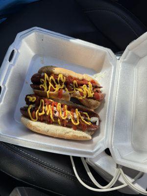 Jumbo Dog with onions, ketchup, and mustard. Perfectly grilled dog perfectly toasted bun.