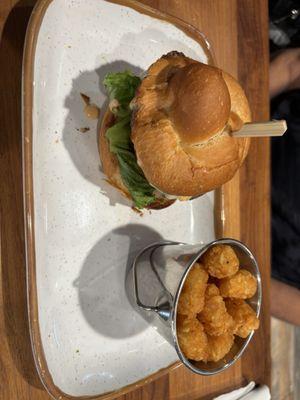 Impossible burger with Tots