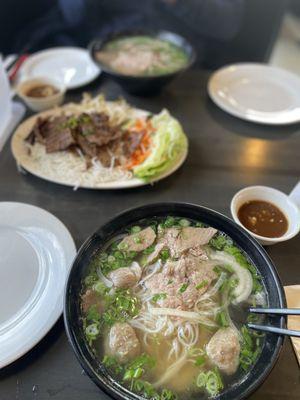 Pho (meatball and brisket), bbq pork spring roll plate, and Rare Steak & Flank Pho